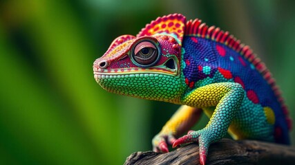 Fototapeta premium Close-up of Indian chameleon in the center of the image facing left against a blurred background, reptile, exotic, generative ai