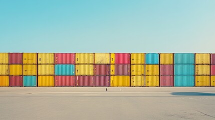 Obraz premium Cargo ship departing a dock, colorful containers stacked neatly, distant horizon visible under a clear sky, [shipping yard], [global commerce]