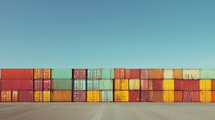 Cargo ship departing a dock, colorful containers stacked neatly, distant horizon visible under a clear sky, [shipping yard], [global commerce]