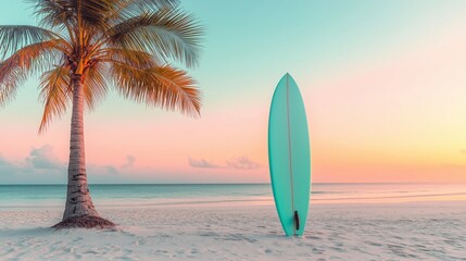 Tropical Beach Scene with Surfboard and Palm Tree Sunset