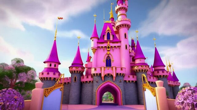 Princess Castle. Whimsical fairy tale setting. Majestic pink palace soaring above the clouds. Seamless looping time-lapse virtual 4k video animation background