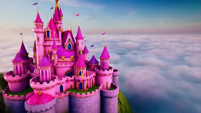 Princess Castle. Whimsical fairy tale setting. Majestic pink palace soaring above the clouds. Seamless looping time-lapse virtual 4k video animation background