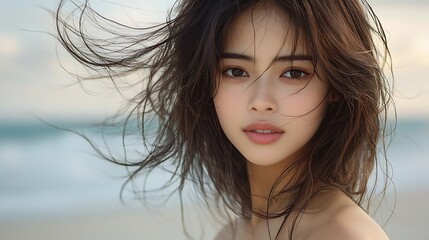 Fototapeta premium A captivating golden hour moment on a serene beach where an Asian woman stands against a glowing sky of pastel pinks and blues. Her wind-tousled hair and the tranquil waves create a harmonious 