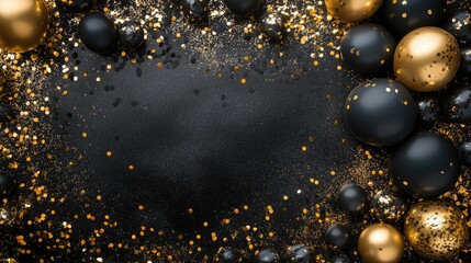 Celebration banner with gold confetti and balloons 