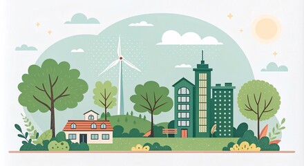 Naklejka premium Eco-Friendly Village with Renewable Energy in Flat Design V5