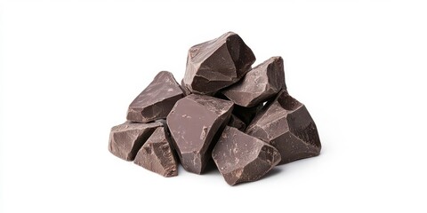 A pile of rich, dark chocolate chunks on a white background, perfect for baking or snacking.