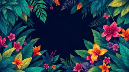 Colorful and vibrant illustrations of tropical rainforest leaves and flowers creating a lush and exotic frame, enhanced with generative AI elements, generative AI, tropical, colorful