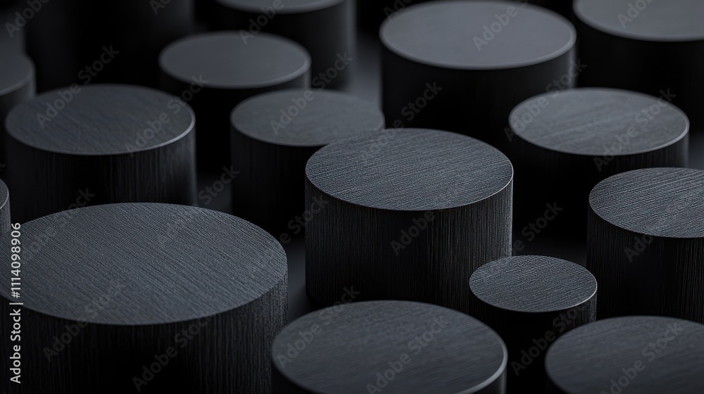 Wall mural abstract composition of dark cylindrical objects layered on a muted black surface in a minimalist st