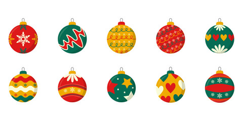 Set of Christmas colorful balls with geometric pattern. Red, green, yellow. Decorative elements for holiday new year design. Vector illustration.