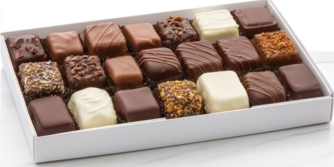 A beautifully arranged box of assorted chocolates, featuring a variety of textures and flavors, perfect for gifting or indulging.