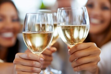 Celebrating with white wine glasses during a casual get-together.