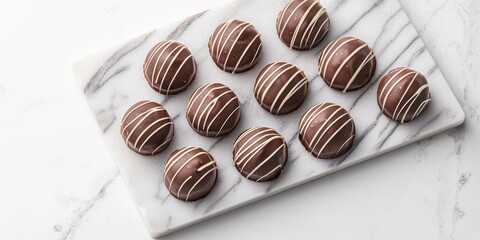 A tray of round chocolate treats with white drizzle, arranged neatly on a marble surface, showcasing an elegant dessert presentation.
