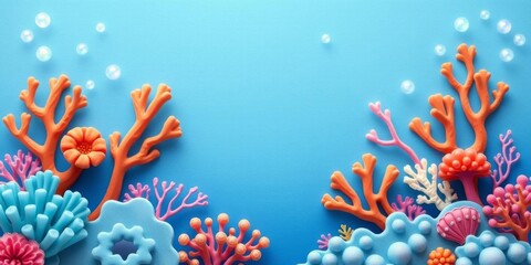 Colorful undersea birthday invitation card with sea creatures and corals on ocean blue background, corals, card, bubbles