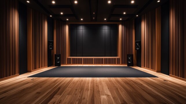 Modern sound studio with wooden acoustic panels