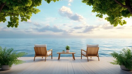 Minimalist Terrace with Ocean View and Wooden Decking