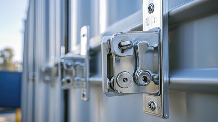 Close-up of container locks and serial numbers, highlighting security and identification, [cargo containers], [detail and design]