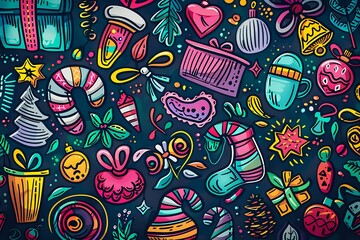 A vibrant Celebration: Festive Holiday Decorations, Gifts, Candy Canes, Ornaments, and Winter Plants, create Joyful Holiday Spirit with Cheerful Colors and Whimsical Designs.