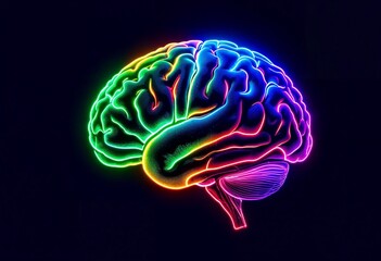 Colorful Neon Illustration of Human Brain on Dark Background

