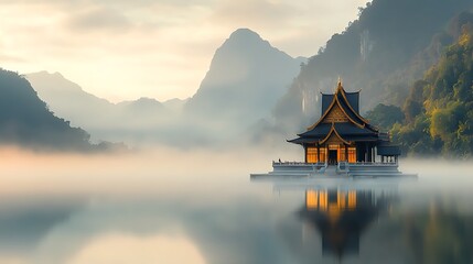 Fototapeta premium A tranquil pond in a Thai temple courtyard, its reflection of ornate buildings and surrounding tropical greenery captured in soft, 1990s-style film. The early morning mist and the symmetrical 