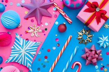 Obraz premium Colorful Holiday Decorations: Festive Ornaments, Candy Canes, and Gifts Create a Joyful Celebration with Sparkling Confetti, on Pink and Blue Backgrounds. Winter Wonderland Aesthetic, Perfect for Fest