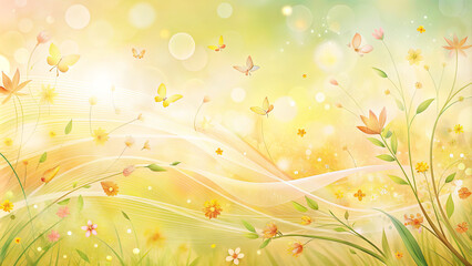 A beautiful garden in springtime showcases a blend of delicate flowers and butterflies fluttering amidst a soft, colorful background. The atmosphere is peaceful and serene