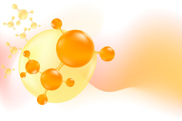 Glowing nude color 3d collagen droplet molecule formula, with light yellow liquid transparent background. Hyaluronic acid serum chemical formula wallpaper with copy space. Beauty treatment, cosmetics