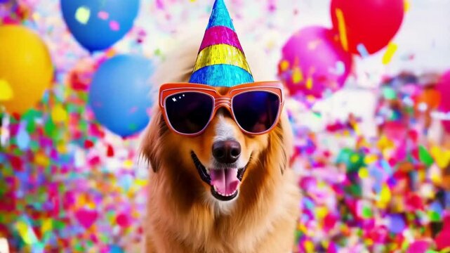 A cheerful dog wearing sunglasses and a party hat celebrates with colorful confetti and balloons at a festive event