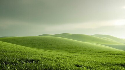 Obraz premium A blanket of soft green grass stretching across the hillside , fresh spring green grass, gentle terrain, natural scenery, serene landscape, peaceful atmosphere