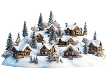 A cozy collection of snow-covered houses nestled among pine trees, creating a picturesque winter scene.
