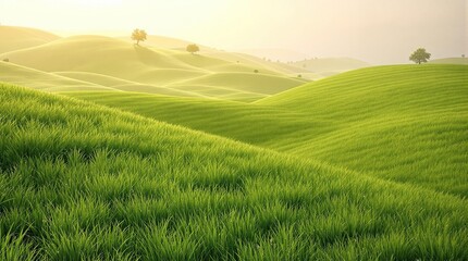 Obraz premium A blanket of soft green grass stretching across the hillside , fresh spring green grass, rolling hills