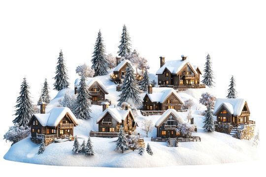 A cozy collection of snow-covered houses nestled among pine trees, creating a picturesque winter scene.