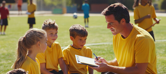 Obraz premium Soccer Coaching for Kids: Tactical Instructions and Teamwork on the Field
