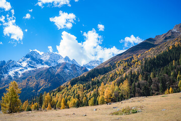 Four Girls Mountain in Aba prefecture Chengdu city Sichuan province, China.Siguniang mountain or Four sister mountain with snow cap on top and colourful autumn in Sichuan, China	