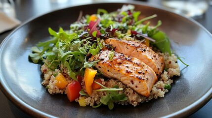 A plate of whole grain quinoa, leafy greens, and grilled salmon, demonstrating a balanced meal with functional food ingredients 