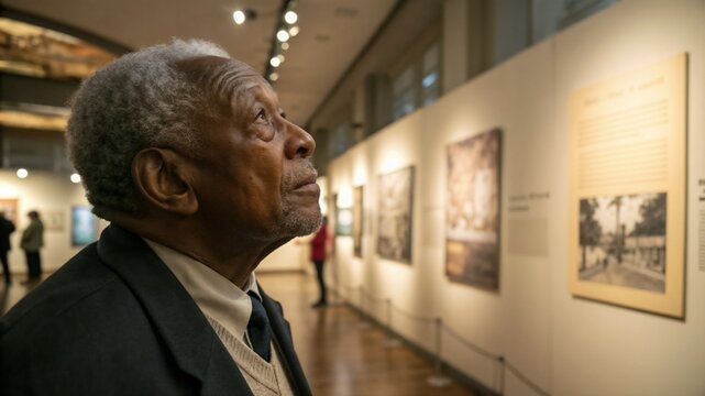 Emotional historical tribute, elderly man visiting a museum exhibit on Black history, indoor museum setting with soft light