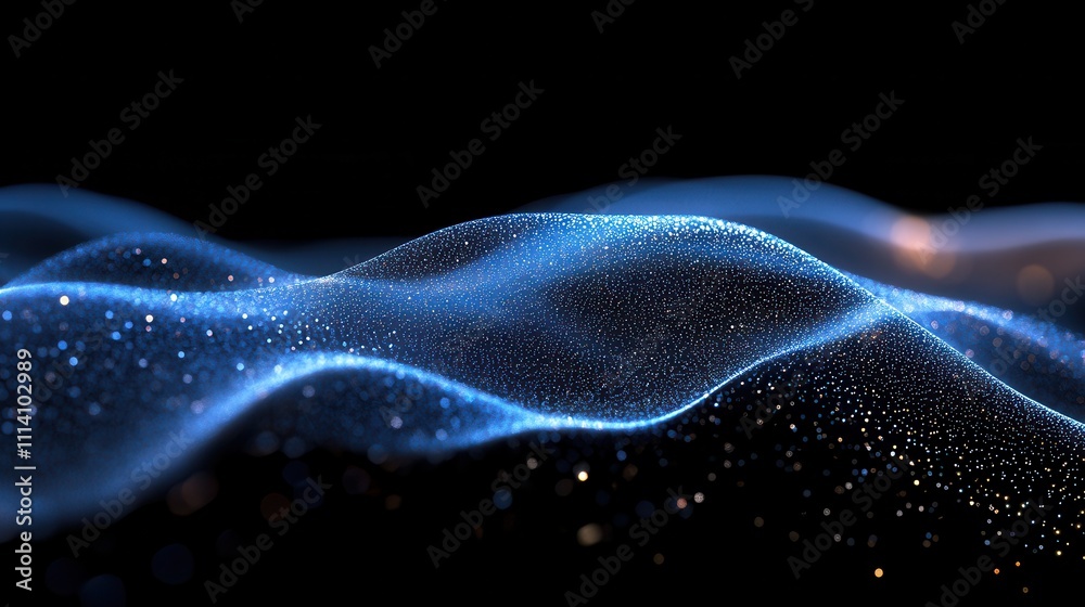 Poster flowing wave of light particles against a dark background, creating a mesmerizing and dynamic effect