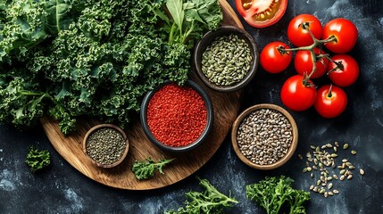 A fresh salad with kale, tomatoes, and hemp seeds, emphasizing the benefits of functional foods in maintaining overall health 