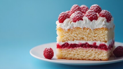 Delicious sponge cake topped with raspberry and vanilla cream, elegantly displayed on a white plate against a vibrant blue background