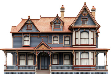 Obraz premium A beautifully detailed Victorian-style house featuring ornate architecture, with multiple gables and a charming porch.
