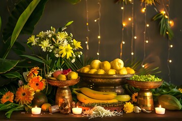 Fototapeta premium Vibrant Tropical Fruits and Flowers Arranged Artistically with Candles and Brass Bowls, Creating a Serene and Festive Atmosphere, Showcasing the Beauty of Nature's Bounty.
