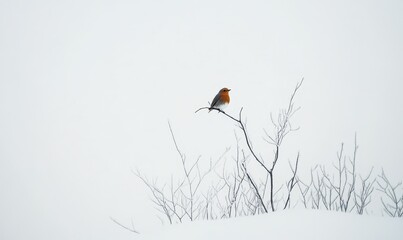 A solitary red robin (Erithacus rubecula) perched on blank white.