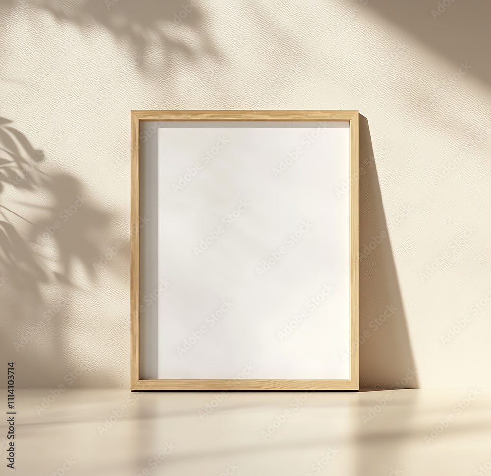 Poster a minimalist frame with a blank canvas, casting a gentle shadow against a textured wall, perfect for
