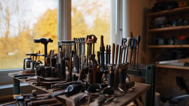 Equipment, a tool rack in the fall, smooth looping video