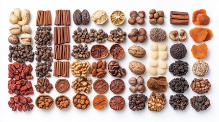 Fototapeta premium Different dried fruits and nuts on white background