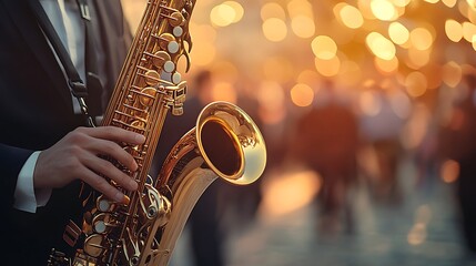 Obraz premium Close-up of saxophonist playing at outdoor event.