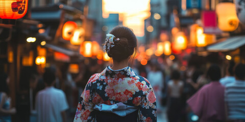 Obraz premium A vibrant cultural festival in Japan, with traditional lanterns glowing softly, people in colorful kimonos, and an elaborate parade winding through the streets. The lively and rich setting feels