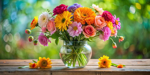 A colorful arrangement of various flowers fills a clear glass vase placed on a rustic wooden table outdoors. Bright blooms create a cheerful atmosphere in the background
