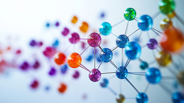 Colorful molecular structure representing scientific research and innovation in biotechnology. Generative AI