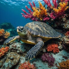 Obraz premium A sea turtle resting on an underwater rock surrounded by colorful plants.