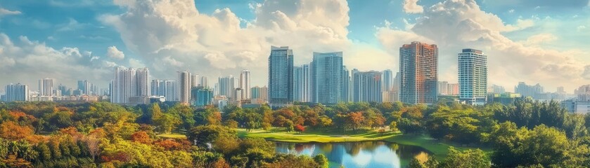 Obraz premium Modern skyscrapers surrounded by green parks and trees, blending nature and architecture, watercolor style